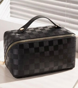 Black Vegan Leather Checkered Makeup Bag